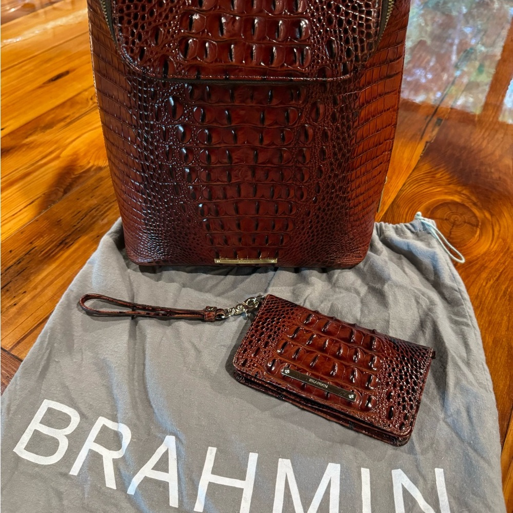 Brahmin Brown Croc-Embossed Leather Backpack with Wristlet